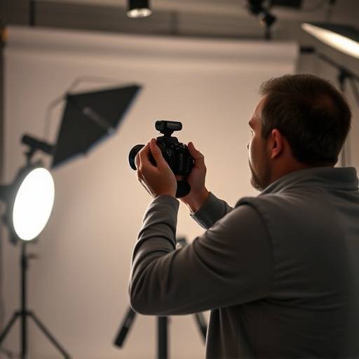 Un photographe professionnel ajustant l'éclairage dans un studio photo lyonnais